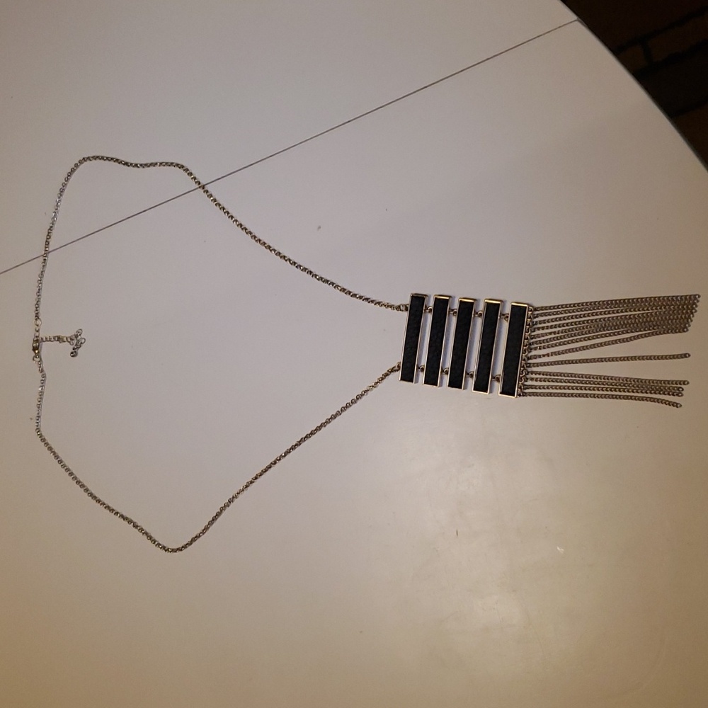 $5 Sale! Long Gold Chain Necklace with Black leather detail